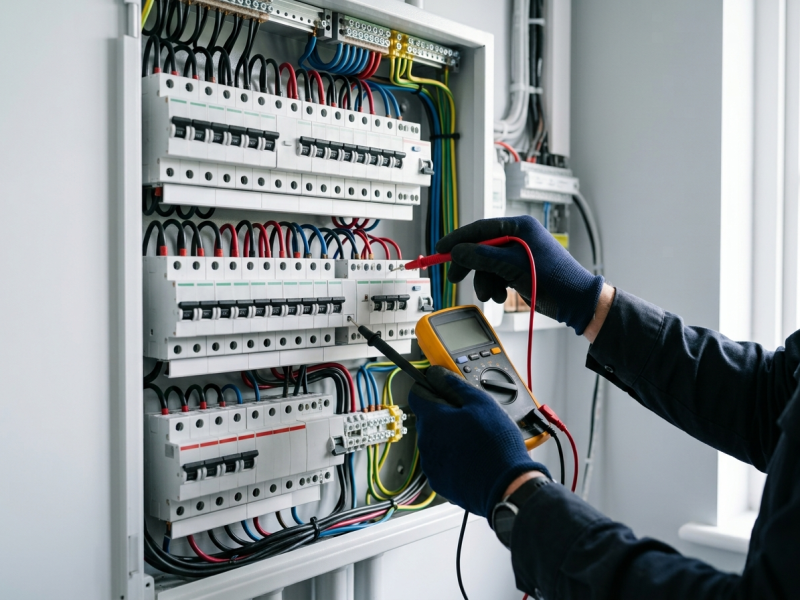 Electricista revisando un cuadro eléctrico para la emisión del boletín eléctrico (CIE) en Ibiza