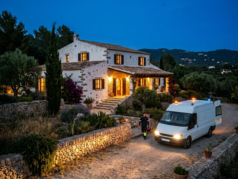 Electricista atendiendo una avería eléctrica urgente en una villa de Ibiza al anochecer