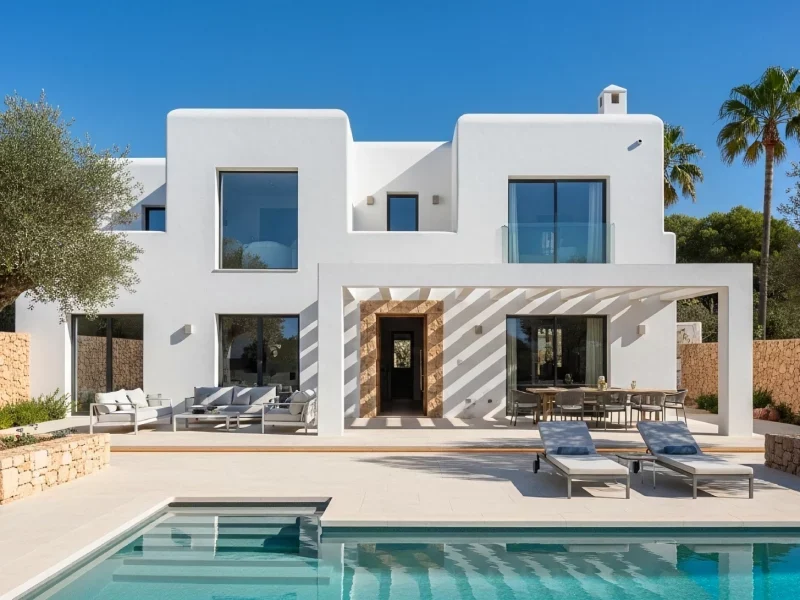 Professional painters renovating a villa facade in Ibiza