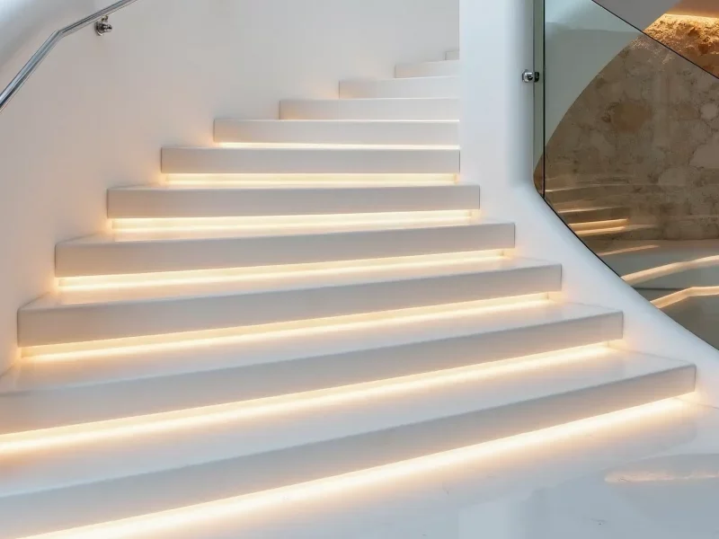Interior staircase with recessed LED lighting installed by electricians in Ibiza